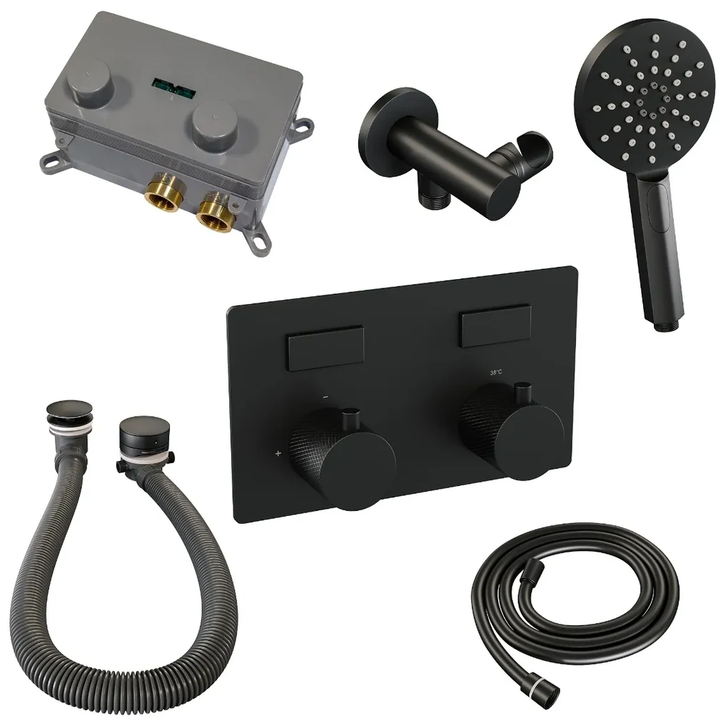 Brauer Black Carving thermostatische inbouw badkraan met badvulcombinatie en 3 standen handdouche set 4 zwart mat