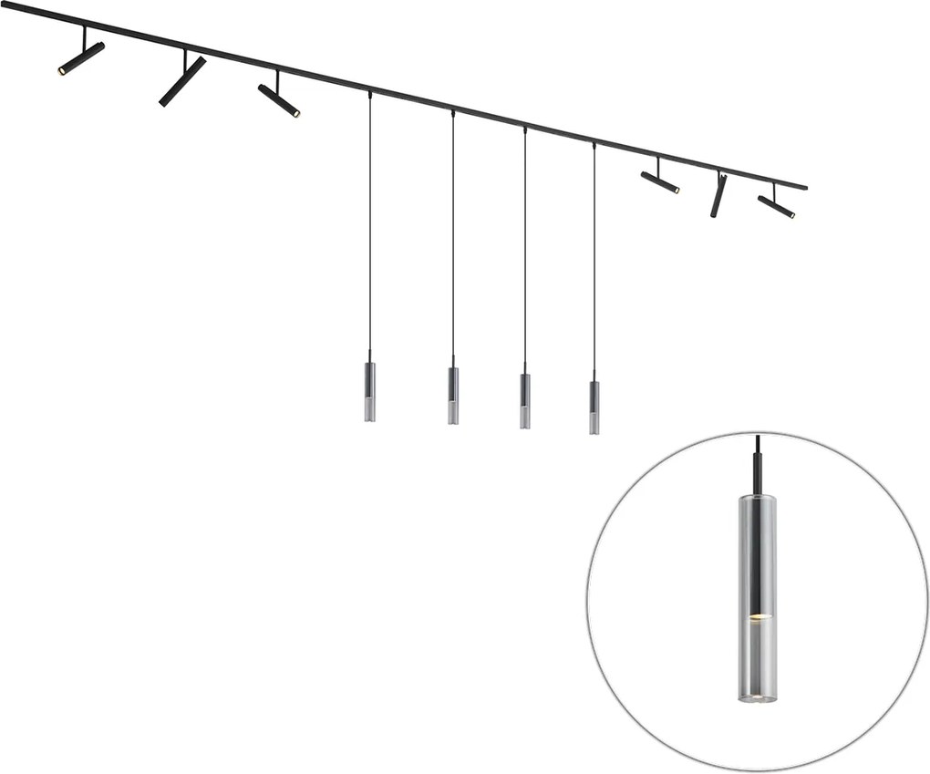 Modern railsysteem zwart met 6 spots en 4 hanglampen zwart 1-fase - Slimline Avery Loyce