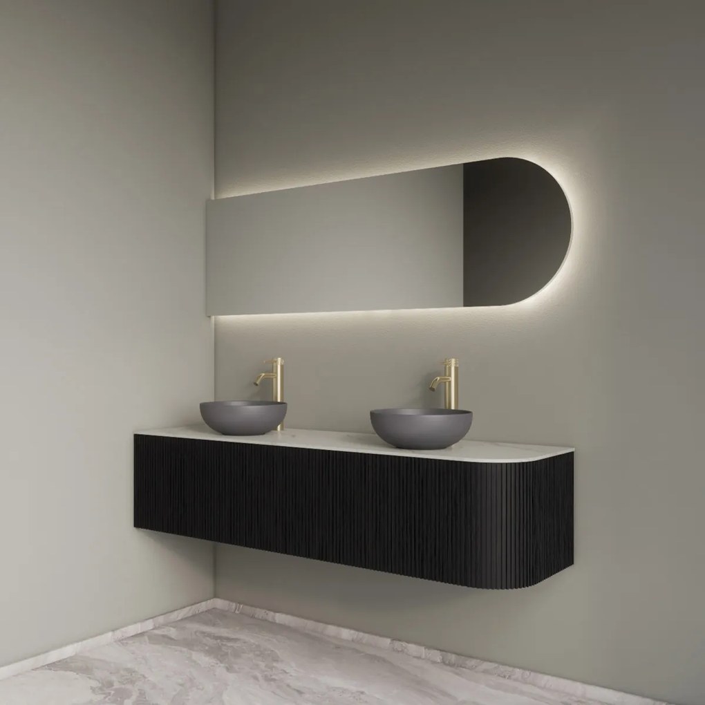Gliss Design Alluro badmeubel ribbelfront met ronding rechts 160cm black en wit marmer toppaneel