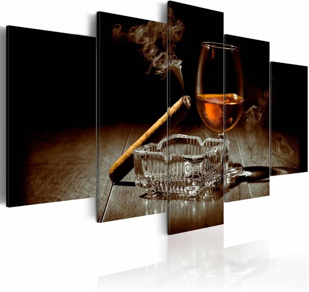 Schilderij - Undercover in de Avond: Whisky en Sigaar , bruin , 5 luik