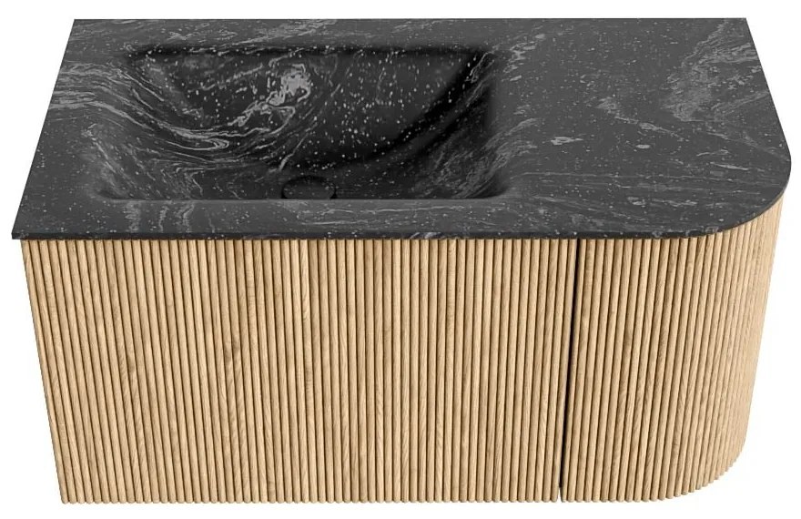 Mondiaz Kurve-dlux 85cm badmeubel ronding rechts oak met 1 lade en deur en wastafel cloud kraangat links lava