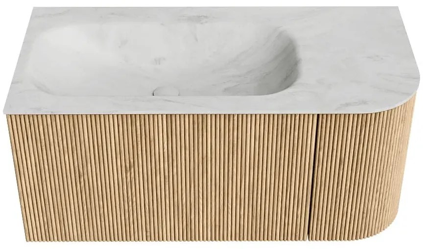 Mondiaz Kurve-dlux 95cm badmeubel ronding rechts oak met 1 lade en deur en wastafel big small links zonder kraangat opalo