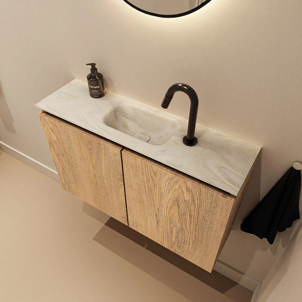 Mondiaz Ture DLux toiletmeubel 80cm washed oak met wastafel ostra midden met kraangat