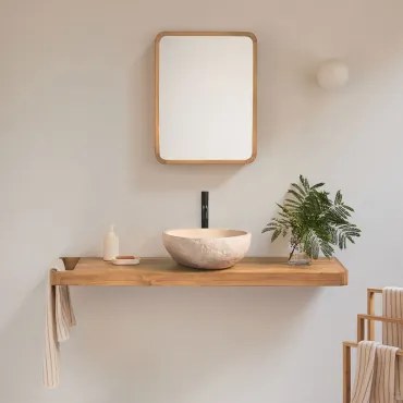 Conjunto Van Meubel 130x45 Cm Hangend In Teakhout Neill Teakhout & Mat Zwart ↑30 Cm Met Afvoerkraan Zonder Overloop Orveta & Onregelmatige In Beige Ce
