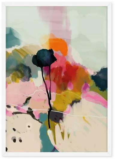 Abstract liggende print met bloemen, A1, ingelijste print, meerkleurig