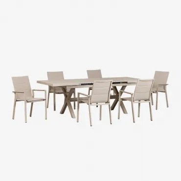 Set Uitschuifbare Rechthoekige Tuintafel 180-240x90 Cm En 6 Stapelbare Tuinstoelen Met Aluminium Armleuningen Karena Tapioca Beige - Sklum