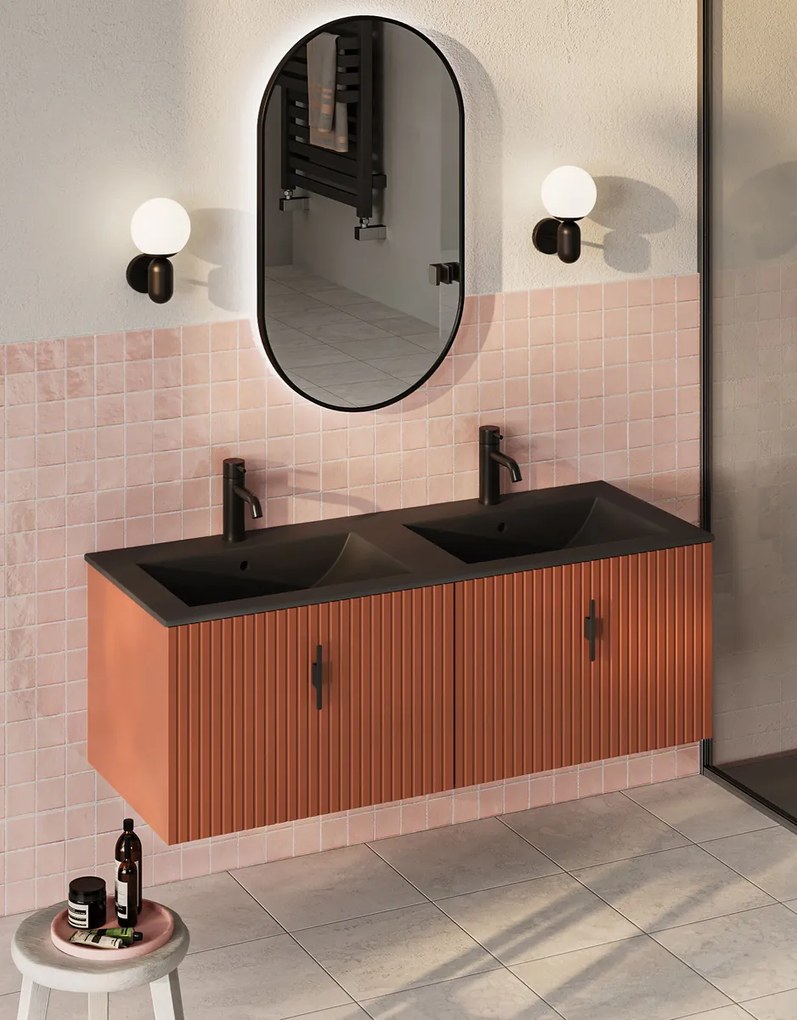 Muebles Raya badmeubel ribbelfront 120cm terracotta met zwarte wastafel met kraangat