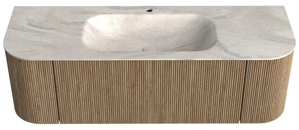 Mondiaz Kurve-dlux 140cm badmeubel ronding links/rechts dusk met 1 lade en 2 deuren en wastafel big small midden 1 kraangat ostra