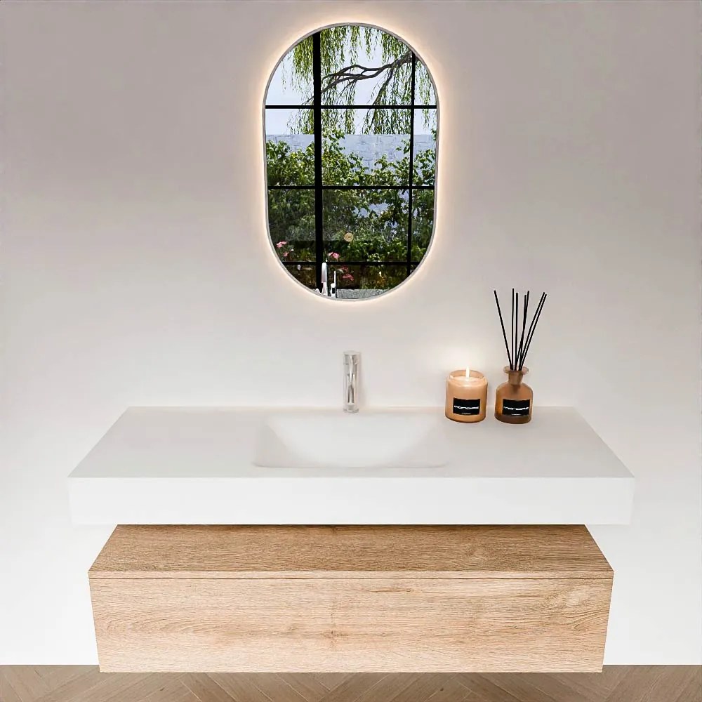 Zaro Alan badmeubel 130cm washed oak 1 lade met vrijhangende wastafel cloud midden 1 kraangat talc