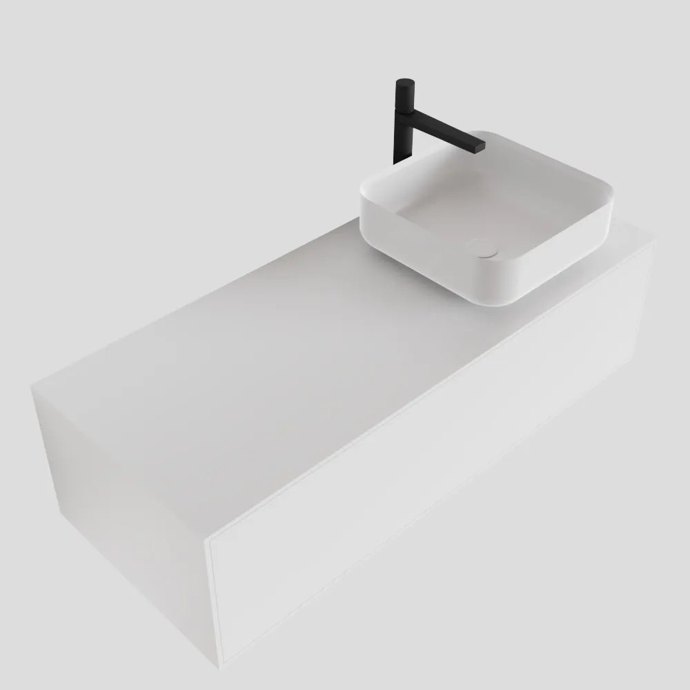 Zaro Lagom volledig naadloos solid surface onderkast met topblad 110cm mat wit met 1 lades Push tot open. Compleet met solid surface opzetkom met 1 kraangat(en)