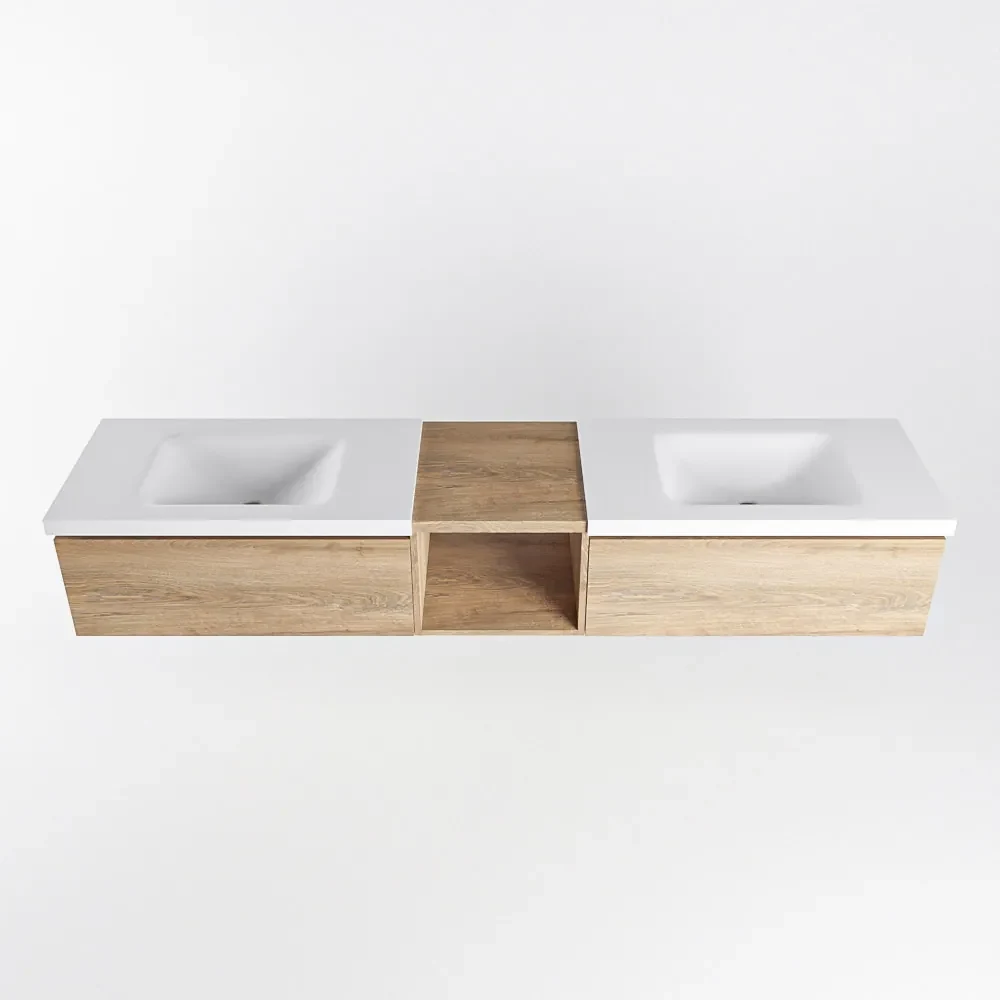Mondiaz Bukla 200cm badmeubel met open module 40 Washed Oak met 2 lades wastafel Cloud dubbel 0 kraangaten Talc