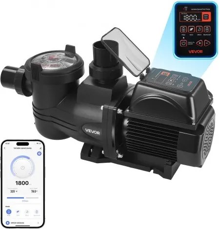VEVOR zwembadpomp 33.000 l/u, met variabele snelheid, 17 m opvoerhoogte, 1.650 W, inbouw-/bovengrondse zwembadpomp met filtermand, zelfaanzuigende filterpomp, programmeerbare timer, voor bovengrondse zwembaden