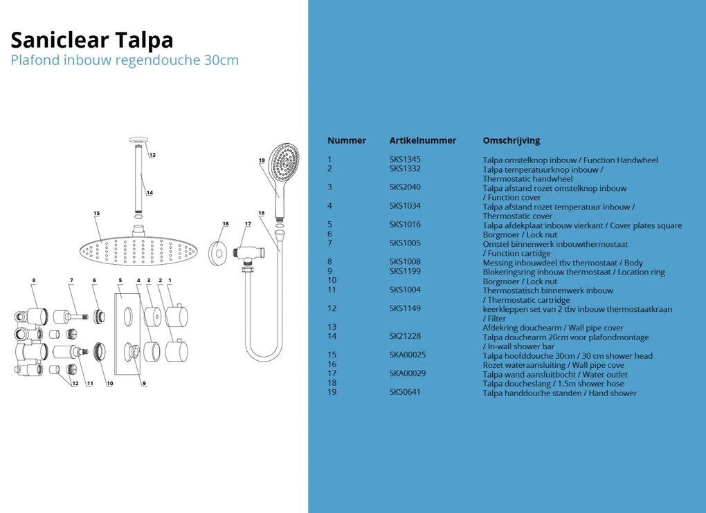 Saniclear Talpa inbouwregendouche 30cm met plafondarm en 2 standen handdouche chroom