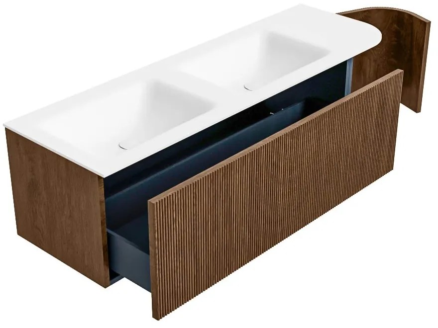 Mondiaz Kurve 145cm badmeubel ronding rechts walnut met 1 lade en deur en wastafel cloud dubbel/links zonder kraangat