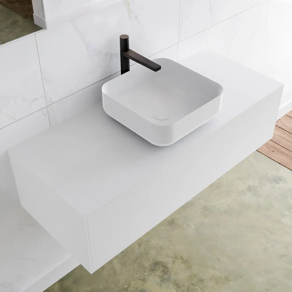 Zaro Lagom volledig naadloos solid surface onderkast met topblad 110cm mat wit met 1 lades Push tot open. Compleet met solid surface opzetkom met 1 kraangat(en)