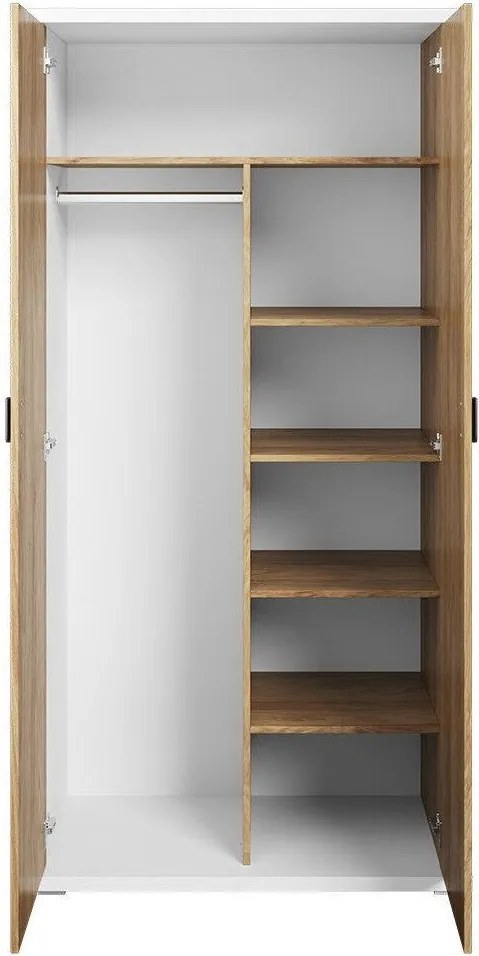 Kledingkast Tesonu 109, Hickory eiken, Wit, 200x100x55cm, Kledingkast deuren: Met scharnieren, Aantal planken: 5, Aantal planken: 5