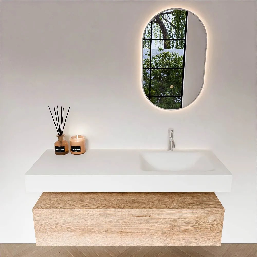 Zaro Alan badmeubel 130cm washed oak 1 lade met vrijhangende wastafel cloud rechts 1 kraangat talc