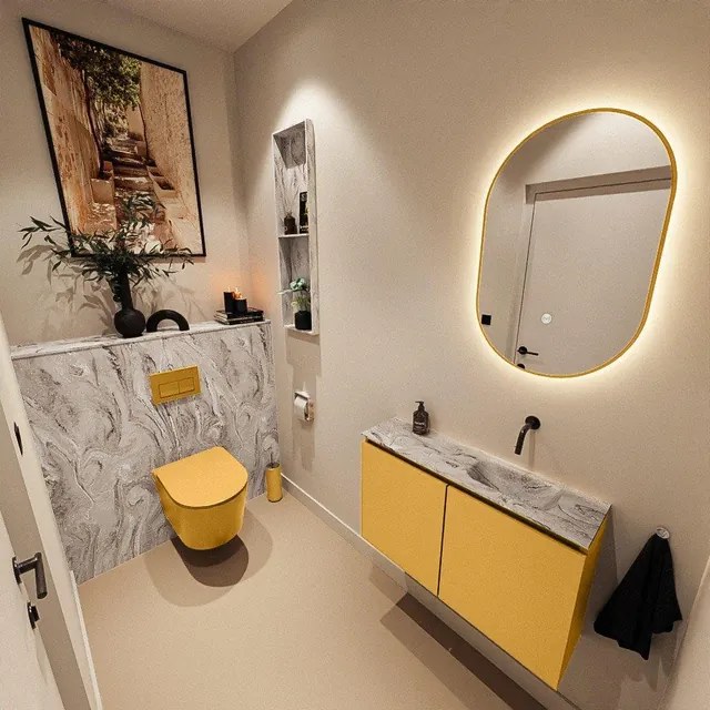 MONDIAZ TURE-DLUX 80cm toiletmeubel Ocher. EDEN wastafel Glace positie rechts. Zonder kraangat. TUREDX80OCHR0GLA