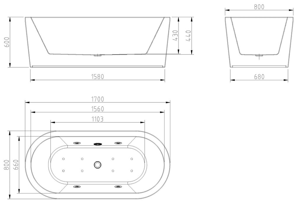 Mueller Vella vrijstaand whirlpool ligbad 170x80cm wit met waste