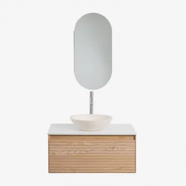 Tedrik Zwevend Badkamermeubelset Van Essenhout Ash Brown & Rond Cement Wit Ø40 Cm Zavion & Ovaal Met Opbergruimte 45x90 Cm Abner - Sklum