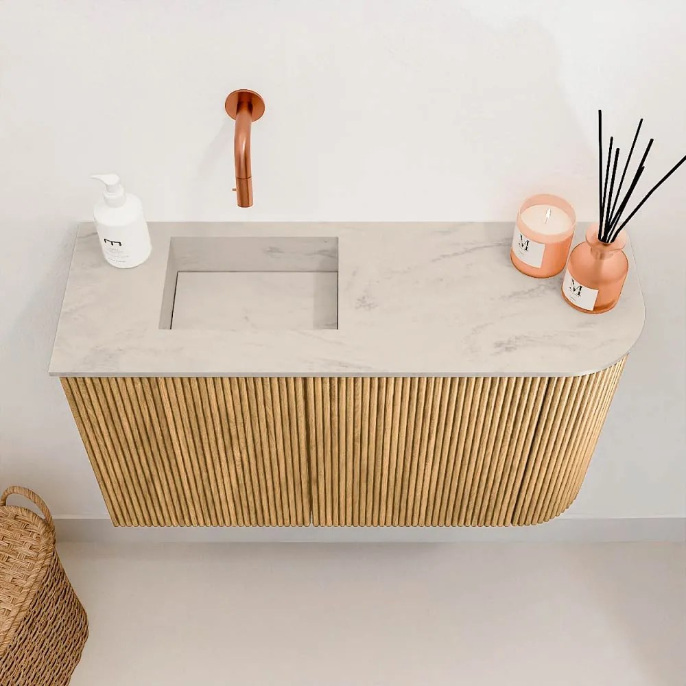 Mondiaz Joya DLux 70cm toiletmeubel ronding rechts oak met wastafel faye links zonder kraangat opalo