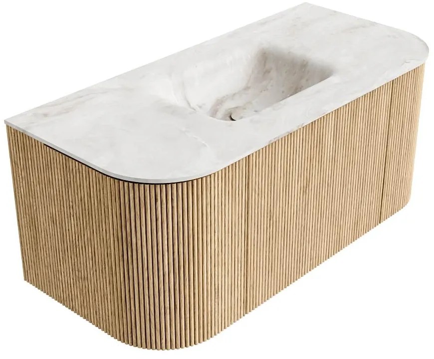 Mondiaz Kurve-dlux 100cm badmeubel ronding links/rechts oak met 1 lade en 2 deuren en wastafel grunne midden zonder kraangat frappe