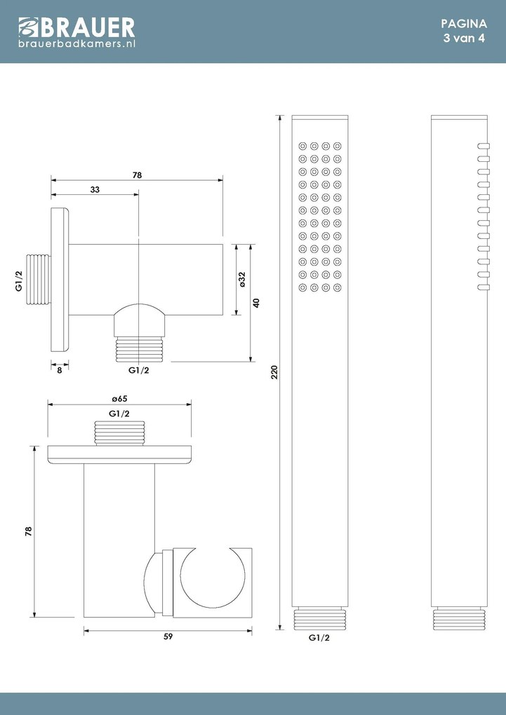 Brauer Stripe inbouw regendouche rond met 25cm hoofddouche, gebogen muurarm en staafhanddouche set 38 koper geborsteld PVD