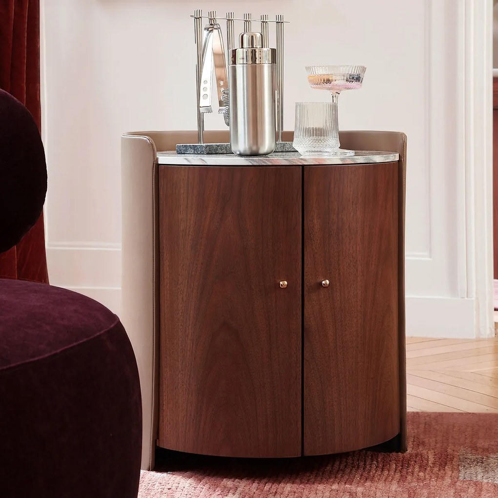 Mini-bar bijzettafel, walnootfineer, keramiek en leer, FIRMO