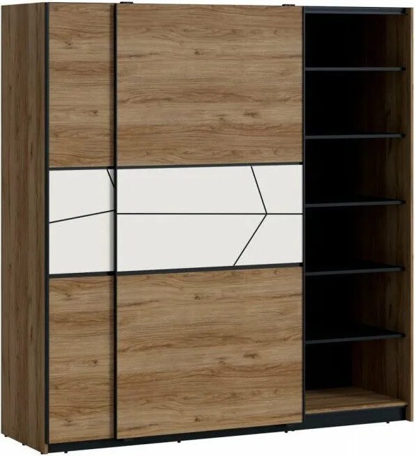 Kledingkast Ruvmela 112, Zwart, Catania eiken, Glanzend wit, 209x197x61cm, 203 kg, Kledingkast deuren: Schuivend