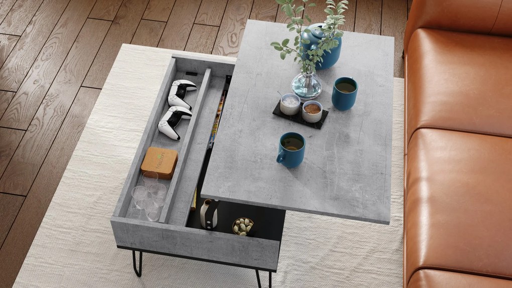 HAIRPIN S-90 Millenium Beton/Mat Zwart - MODERNE KOFFIETAFEL MET OPKLAPBARE TAFEL + OPBERGVAK + PLANK