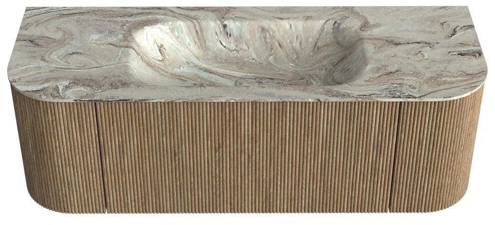 Mondiaz Kurve-dlux 130cm badmeubel ronding links/rechts dusk met 1 lade en 2 deuren en wastafel big small midden zonder kraangat glace