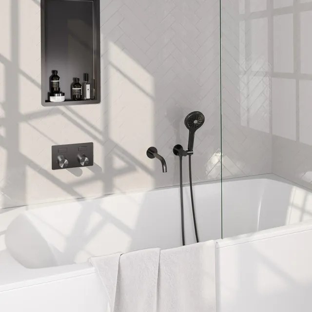 BRAUER Stripe Thermostatische Badkraan - drukknoppen - SET 04 - inbouw - uitloop - 3-standen handdouche - doucheslang - wandaansluitbocht - gunmetal geborsteld PVD 5-GM-364