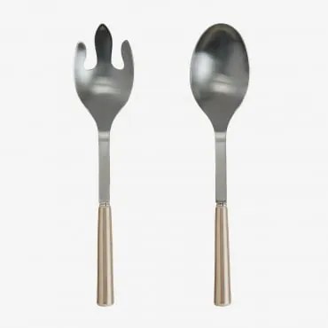 Set Van 2 Saladebestekken Van Roestvrij Staal En Keramiek Ireli Moka Bruin - Tapioca Beige - Sklum