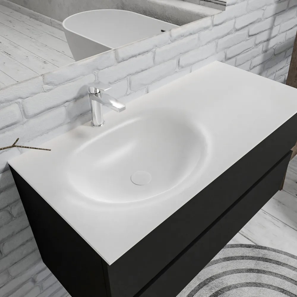 Zaro Sevilla Solid Surface badmeubel 100cm mat zwart 1 kraangat met 2 lades spoelbak links