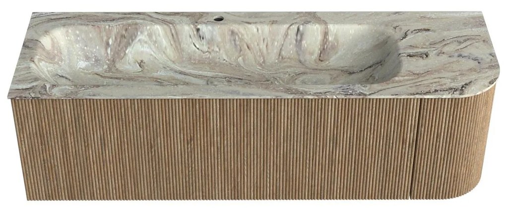 Mondiaz Kurve-dlux 145cm badmeubel ronding rechts dusk met 1 lade en deur en wastafel big large kraangat links glace