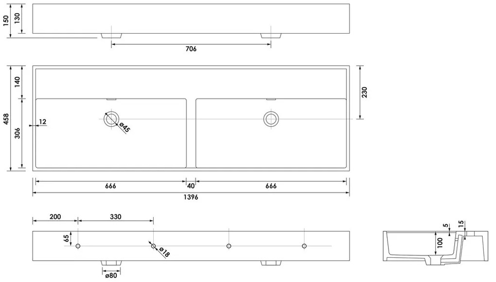 Brauer Gravity dubbele wastafel mineraalmarmer 140cm zonder kraangat wit glans