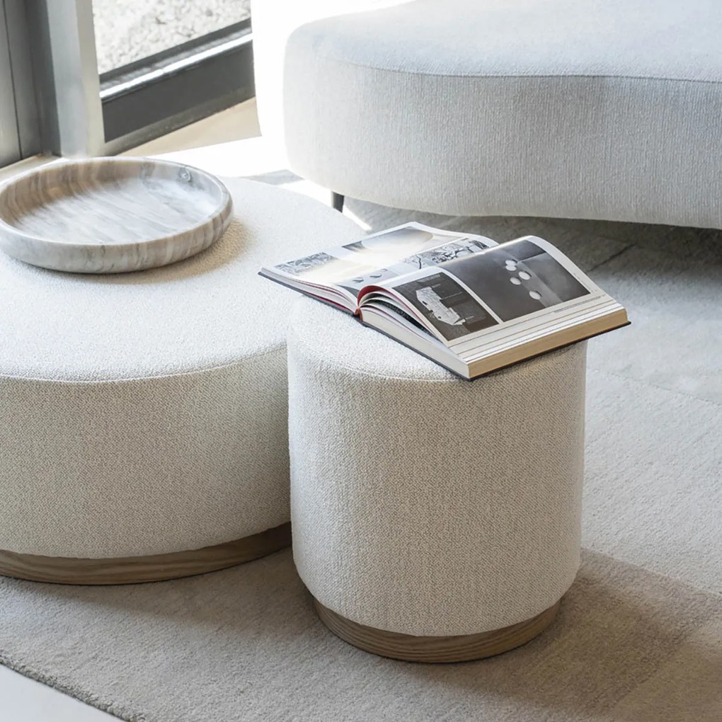 Eleonora Avah Ronde Poef Beige Met Eiken Rand