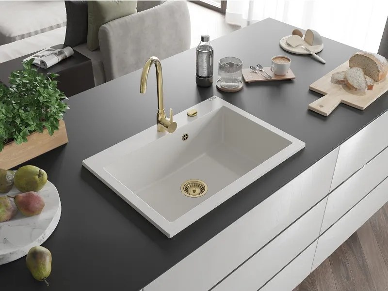 Mexen Elix granieten spoelbak 1-komerig 700 x 500 mm, wit, gouden sifon - 6526701005-20-G