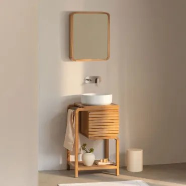 Bradley Teakhouten Badkamermeubelset Rond Keramiek Wit Ø40 Cm Lenka & Rechthoekig Met Opbergruimte Hout 45x60 Cm Ian & Geborsteld Grijs Ingebed -