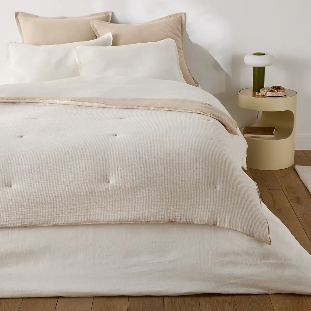 Gewatteerd effen/gestreept dekbed van katoen/linnenmix, BOISSEAU