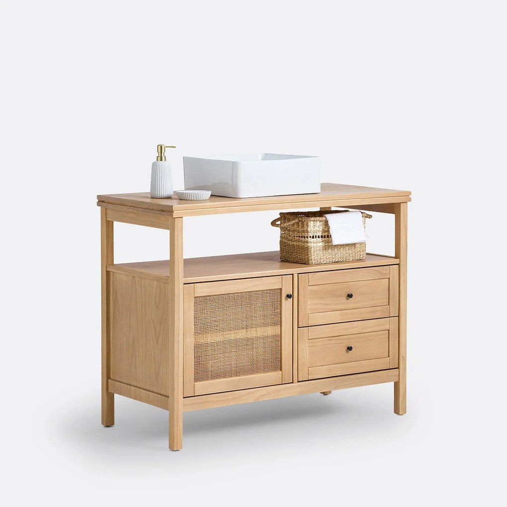 Wastafelmeubel van grenen en rotan L100 cm, Gabin