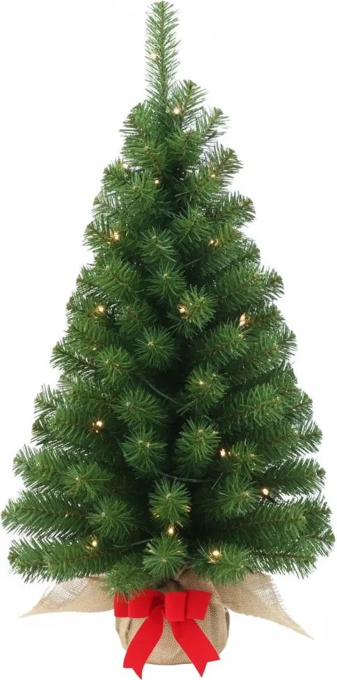 Noble Table Tree Burlap verlichte (tafel)kunstkerstboom - 91 cm - groen - 35 ledlampjes - Diameter 51 cm - 114 tips - met rode strik - jute zak