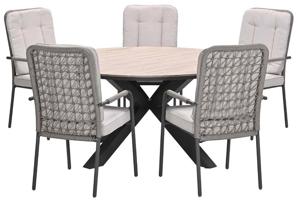 Garden Impressions Aleria tuinset 6-delig taupe - Tulli tuintafel Ø148x75 cm - light teak vironwood