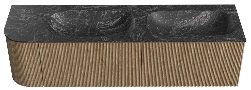 Mondiaz Kurve-dlux 165cm badmeubel ronding links dusk met 2 lades en 1 deur en wastafel stor small dubbel/rechts zonder kraangat lava