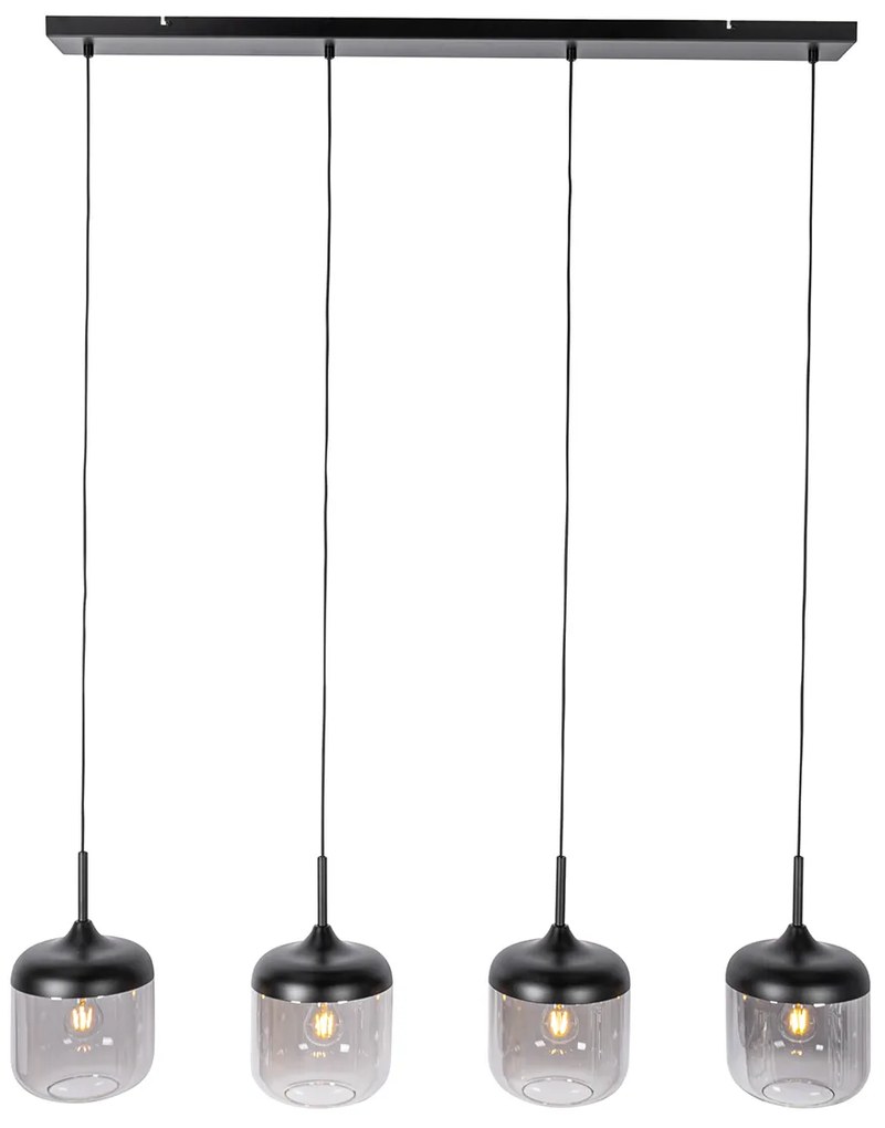 Design hanglamp zwart met goud en smoke glas 4-lichts - Kyan