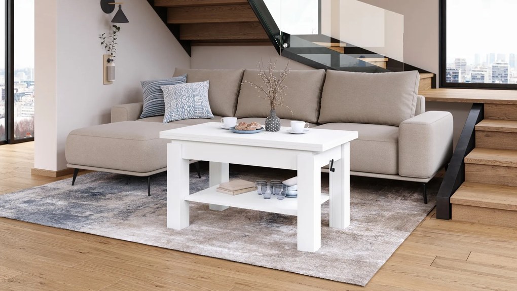 BRAVO wit – uitschuifbare en in hoogte verstelbare salontafel, tafel met plank