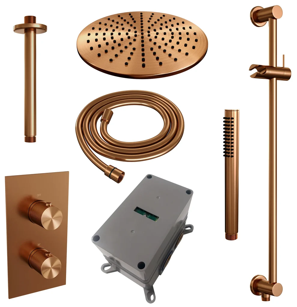 Brauer Copper Carving complete inbouw regendouche set 42 met 30cm douchekop, plafondarm, staafhanddouche en glijstang geborsteld koper PVD