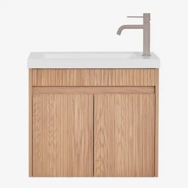 Narek Zwevend Houten Badkamermeubelset Met Geïntegreerde Wastafel Ash Brown & Spiegelloze & Bruin - Mokka ?20 Cm Met Aftapkraan Zonder - Sklum