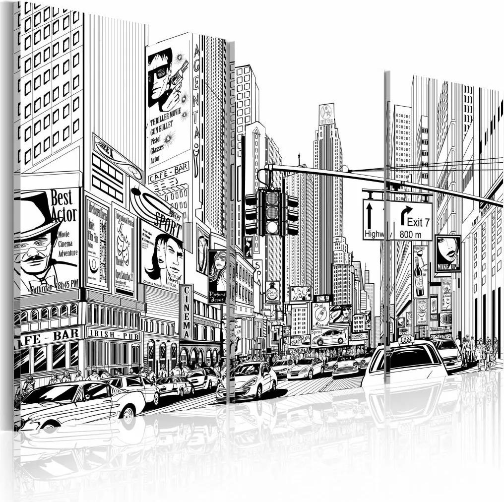 Schilderij - Comic style in zwart en wit, New York ,  3 luik