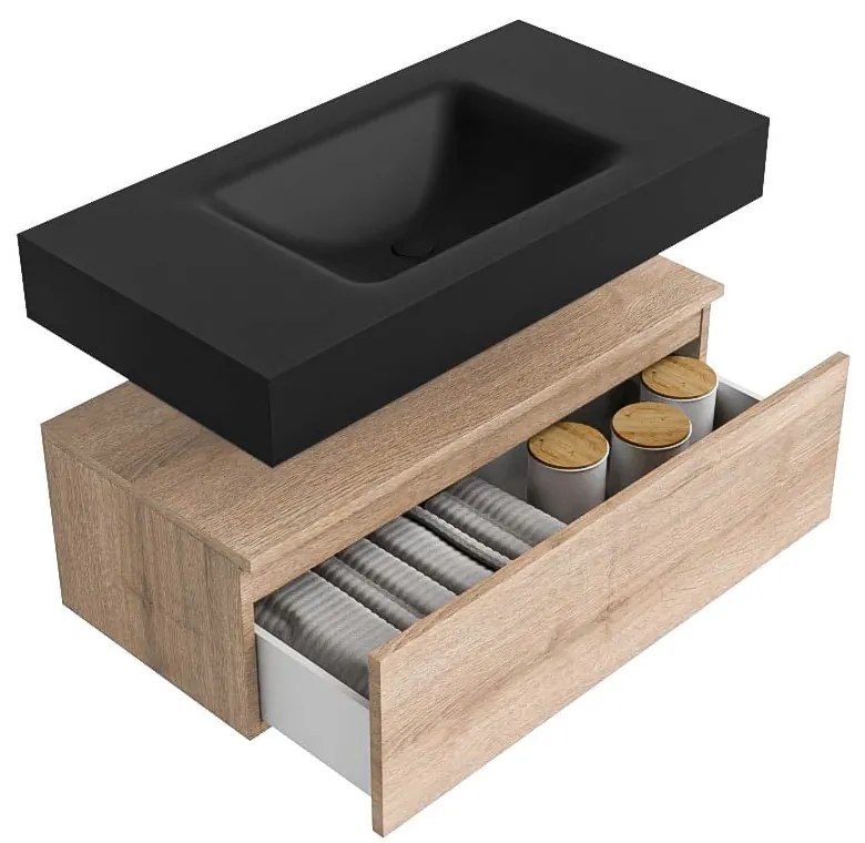 Zaro Alan badmeubel 90cm washed oak 1 lade met vrijhangende wastafel cloud midden 1 kraangat urban